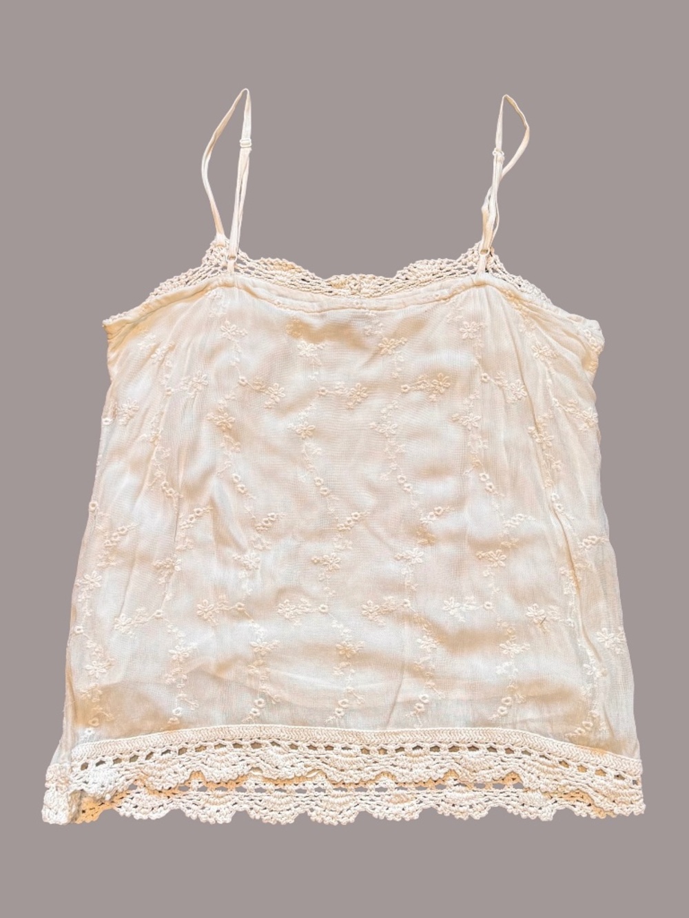 Lucky Brand Embroidered Tank Top Crochet Trim CreamSize M Rayon Lined Boho - Picture 2 of 8